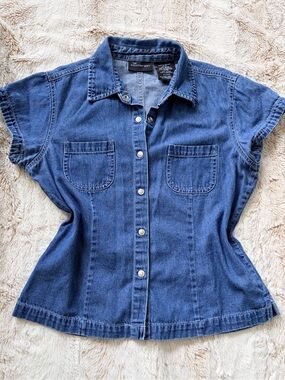 Vintage Y2K Denim Snap Button Top | Dark Wash Fitted Western Indie Sleaze Size M